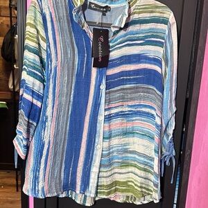 Evolution and Creation Blue Button Down Blouse with Mandarin Collar